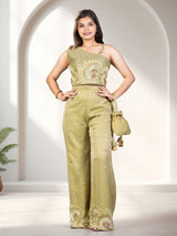 Green one shoulder crepe silk girls palazzo suit