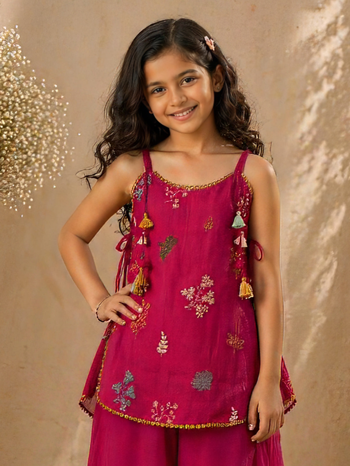 Magenta pink georgette silk embellished girls palazzo suit