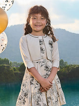 Off white printed cotton silk jacket style girls dress