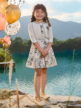 Off white printed cotton silk jacket style girls dress