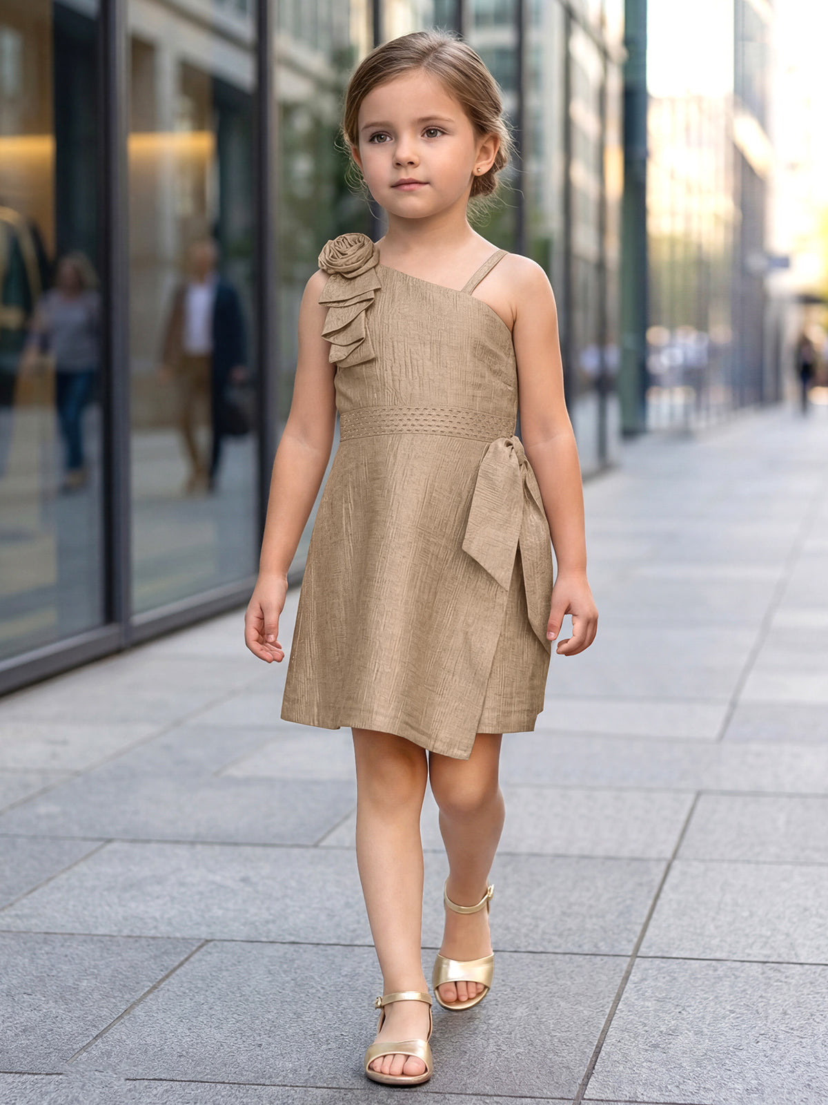 Light brown linen silk one shoulder girls dress
