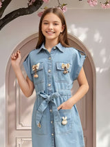 Blue denim embroidered shirt dress for girls
