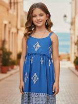 Blue slub cotton silk embroidered girls dress