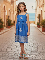 Blue slub cotton silk embroidered girls dress
