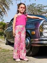 Pink printed cotton silk girls co-ord set