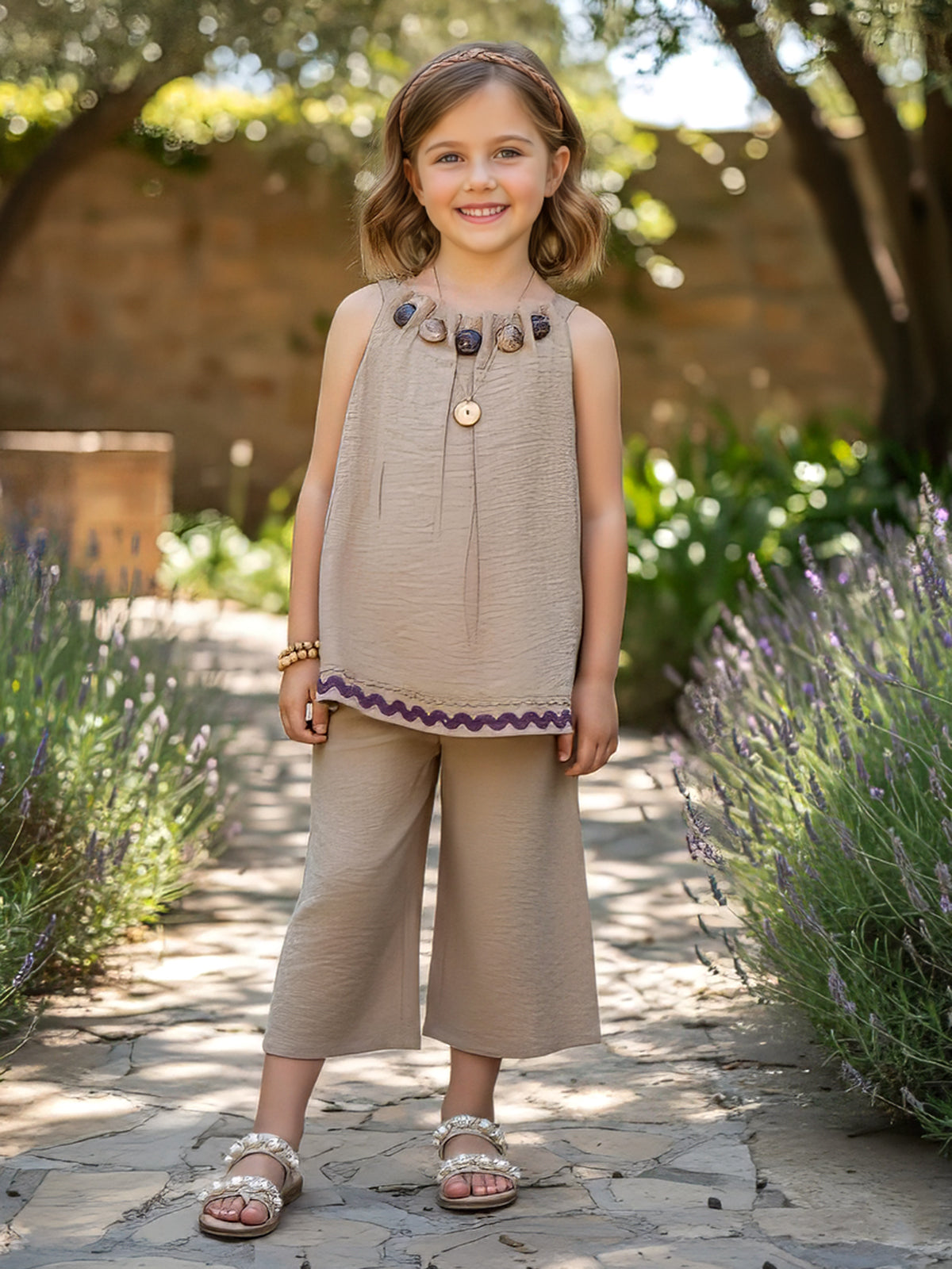 Khaki brown embroidered cotton silk girls co-ord set