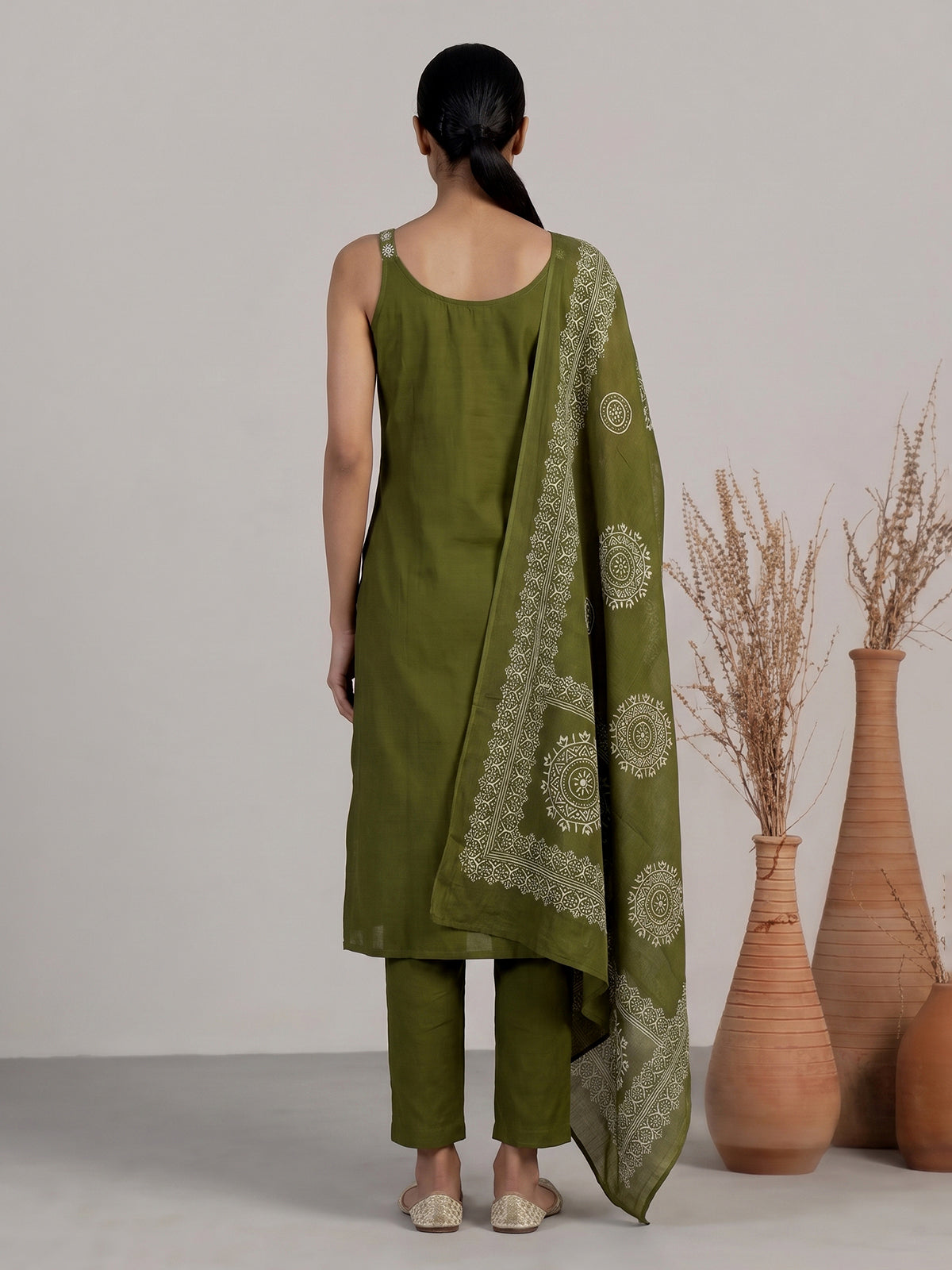 Mehendi green cotton silk kurti set with printed dupatta