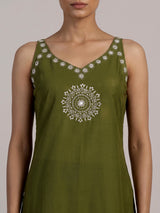 Mehendi green cotton silk kurti set with printed dupatta
