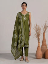 Mehendi green cotton silk kurti set with printed dupatta