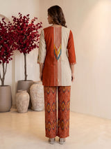 Rust orange silk printed palazzo set with pearl and aabla detailing