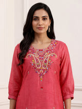 Pink linen silk festive kurti set with sequined printed dupatta