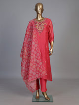 Pink linen silk festive kurti set with sequined printed dupatta