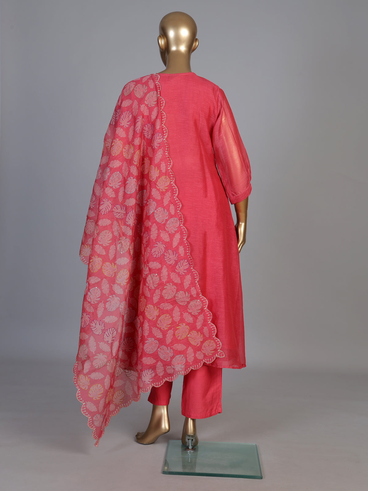 Pink linen silk festive kurti set with sequined printed dupatta
