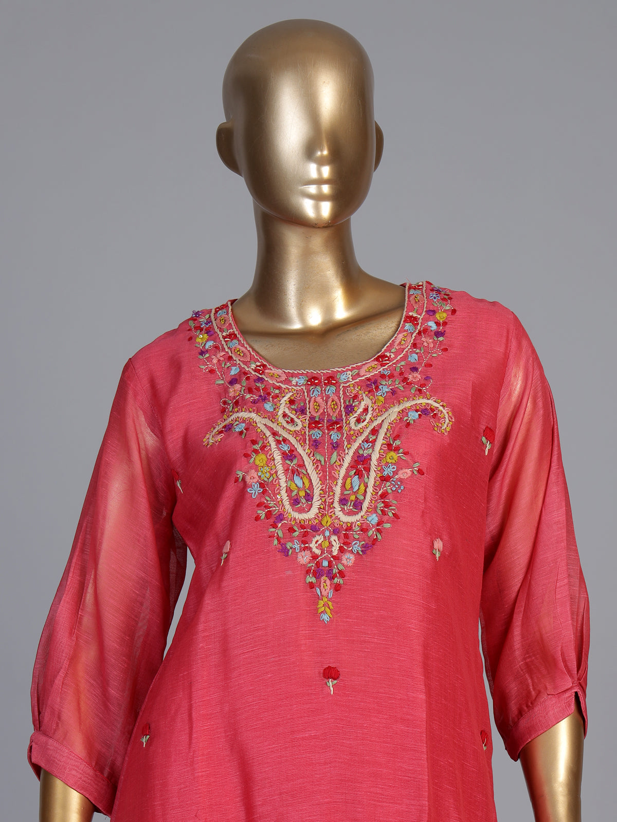 Pink linen silk festive kurti set with sequined printed dupatta