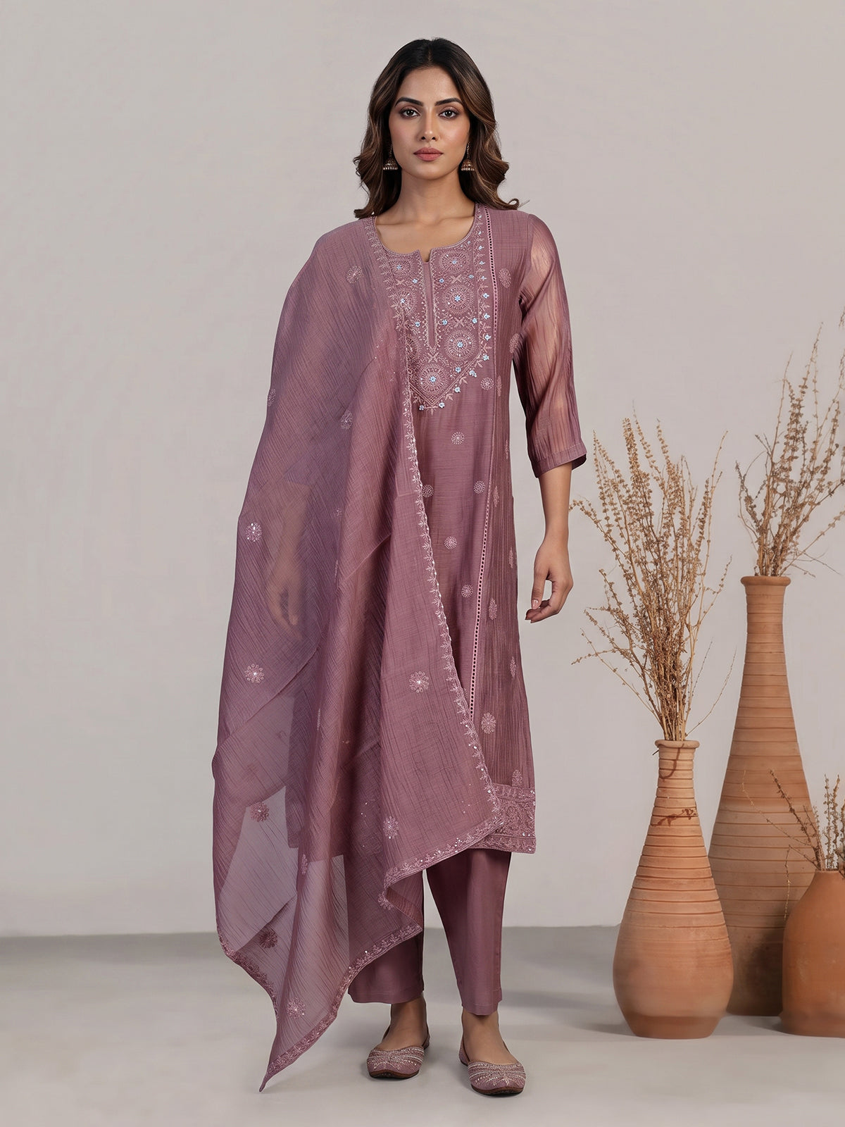 Onion pink tissue embellished kurti set with elegant pants