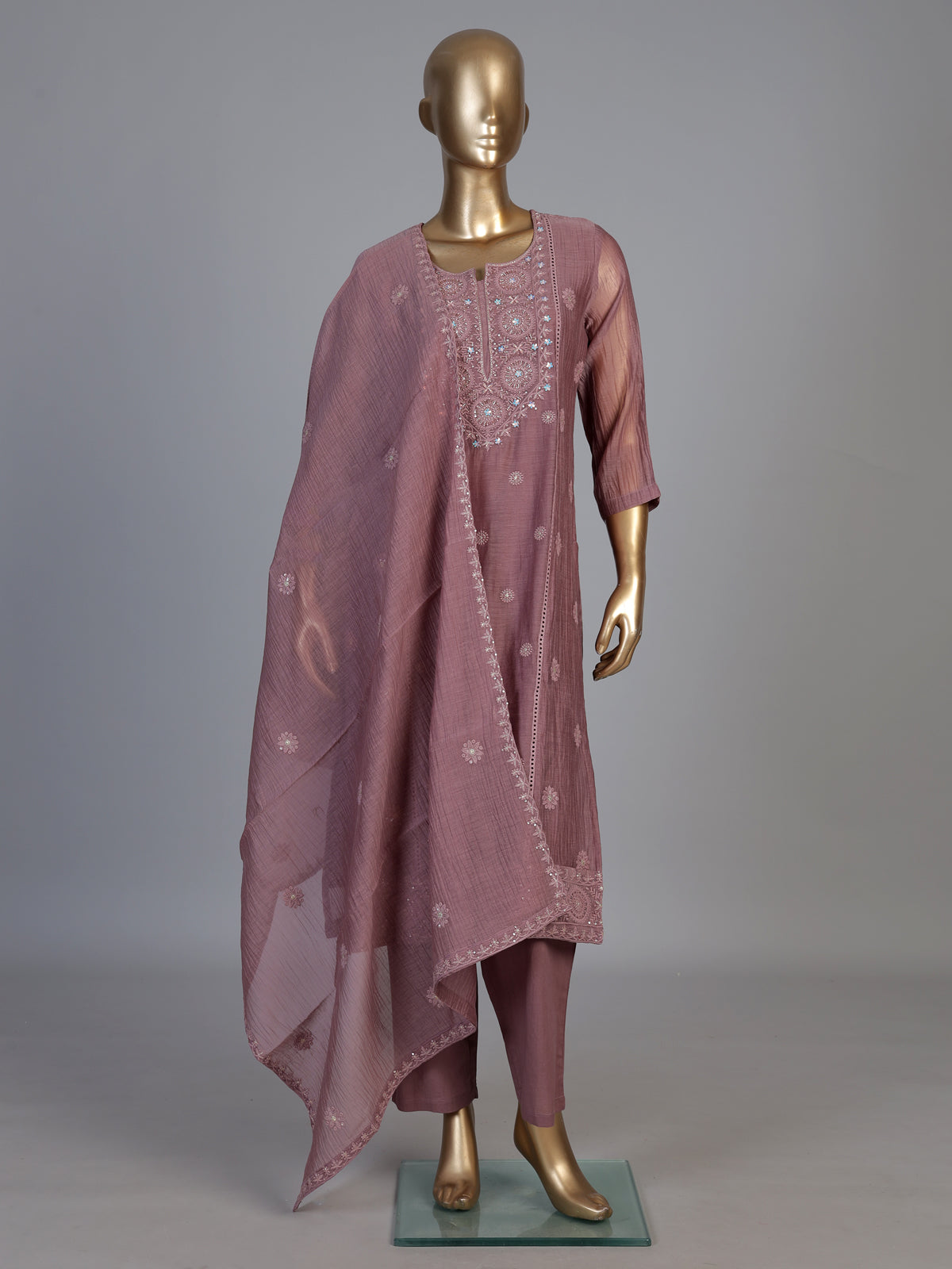 Onion pink tissue embellished kurti set with elegant pants