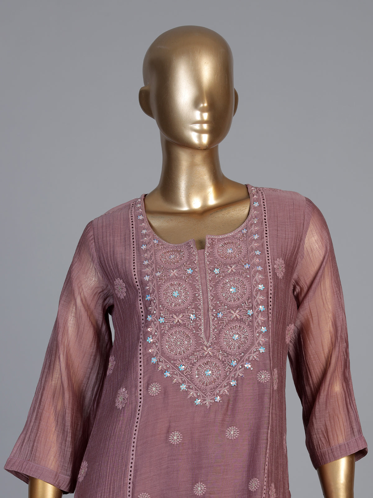 Onion pink tissue embellished kurti set with elegant pants