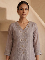 Grey tissue embroidered kurti set with elegant pants and dupatta