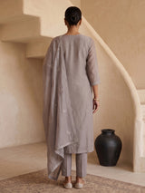 Grey tissue embroidered kurti set with elegant pants and dupatta