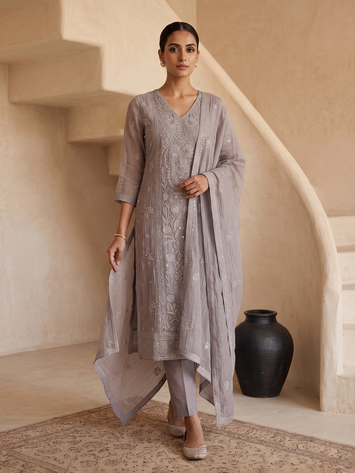 Grey tissue embroidered kurti set with elegant pants and dupatta