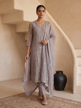 Grey tissue embroidered kurti set with elegant pants and dupatta