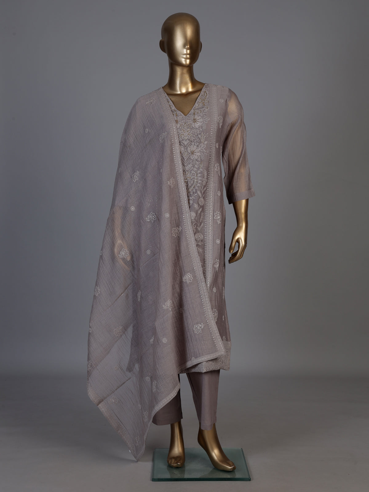 Grey tissue embroidered kurti set with elegant pants and dupatta