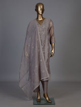 Grey tissue embroidered kurti set with elegant pants and dupatta