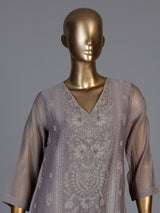 Grey tissue embroidered kurti set with elegant pants and dupatta