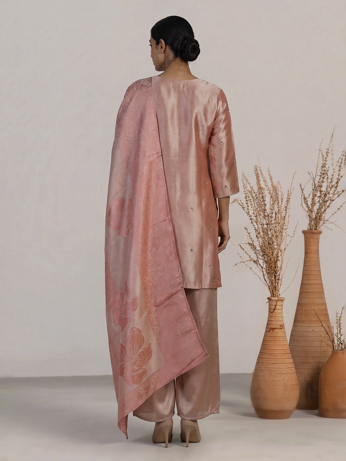 Pastel pink silk embellished palazzo set with zari dupatta