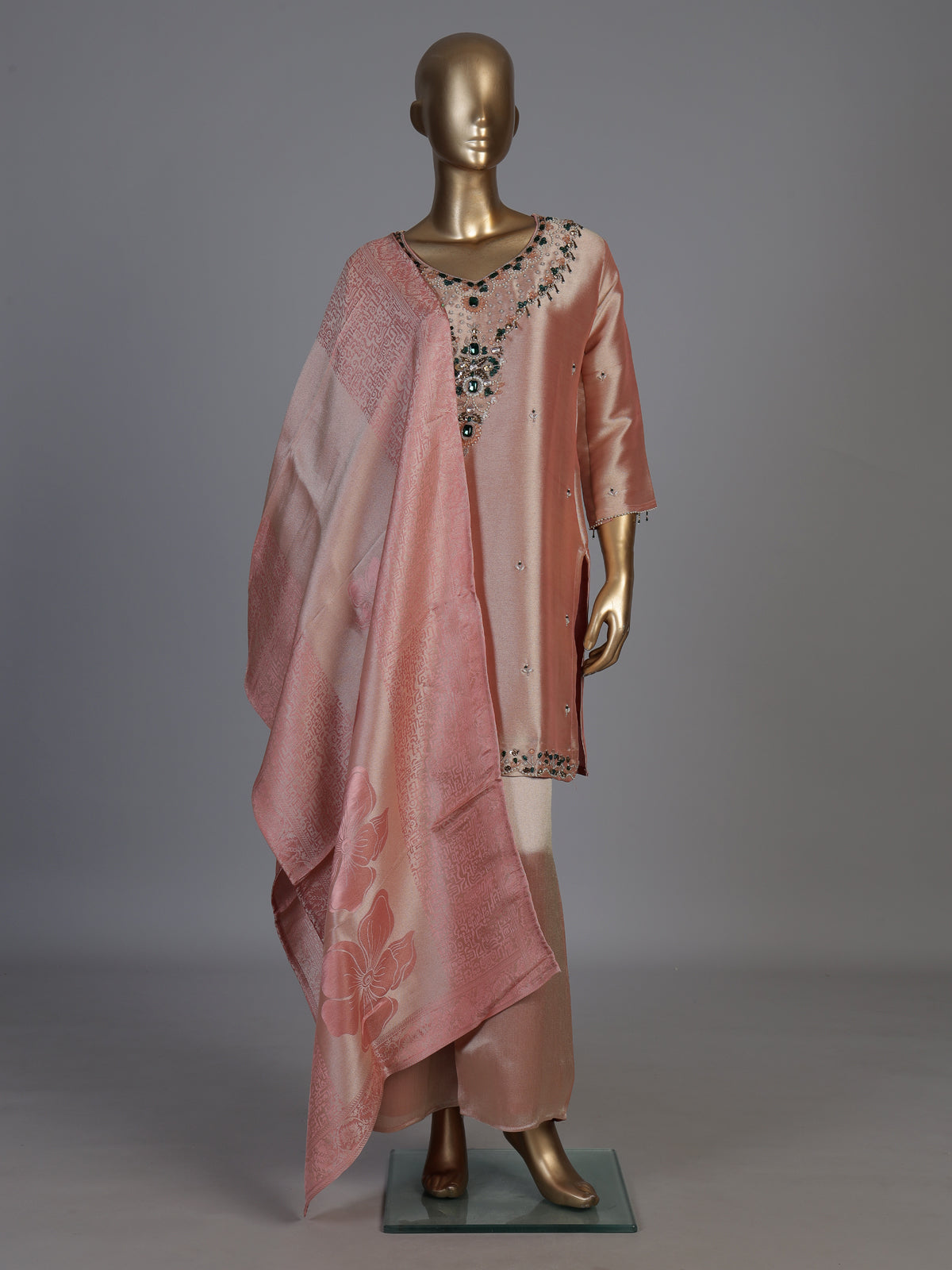Pastel pink silk embellished palazzo set with zari dupatta