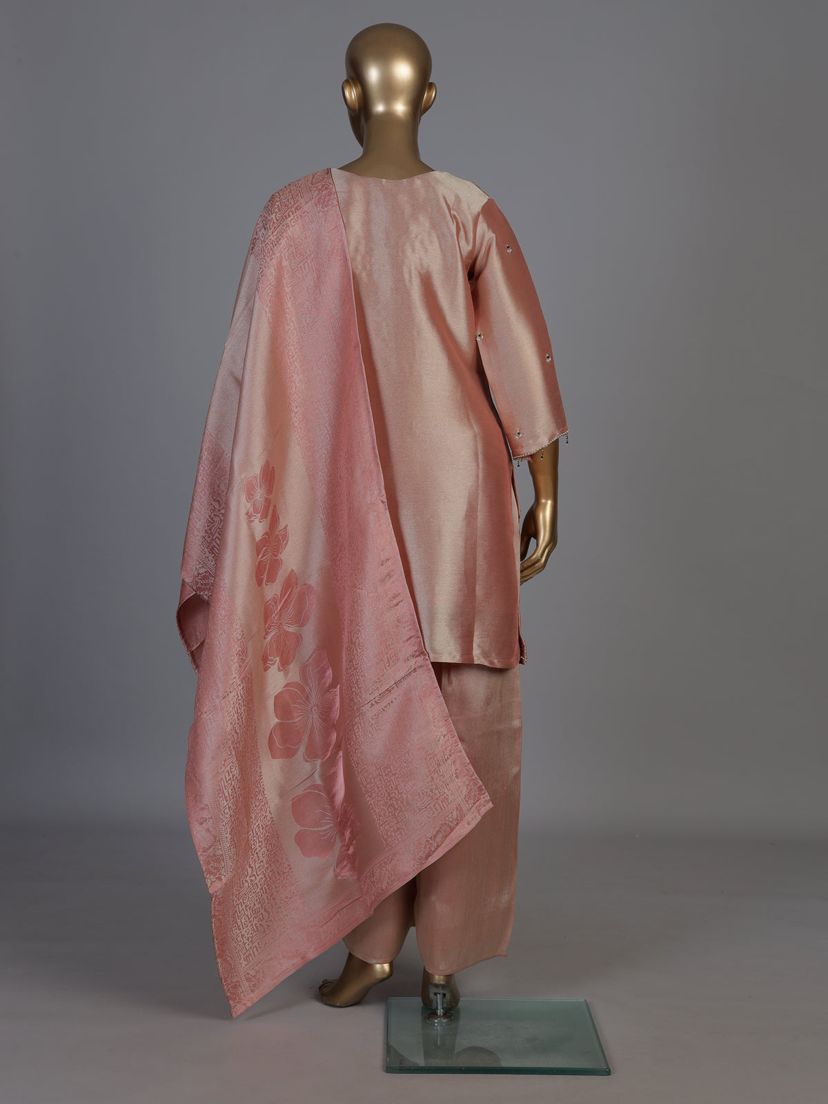 Pastel pink silk embellished palazzo set with zari dupatta