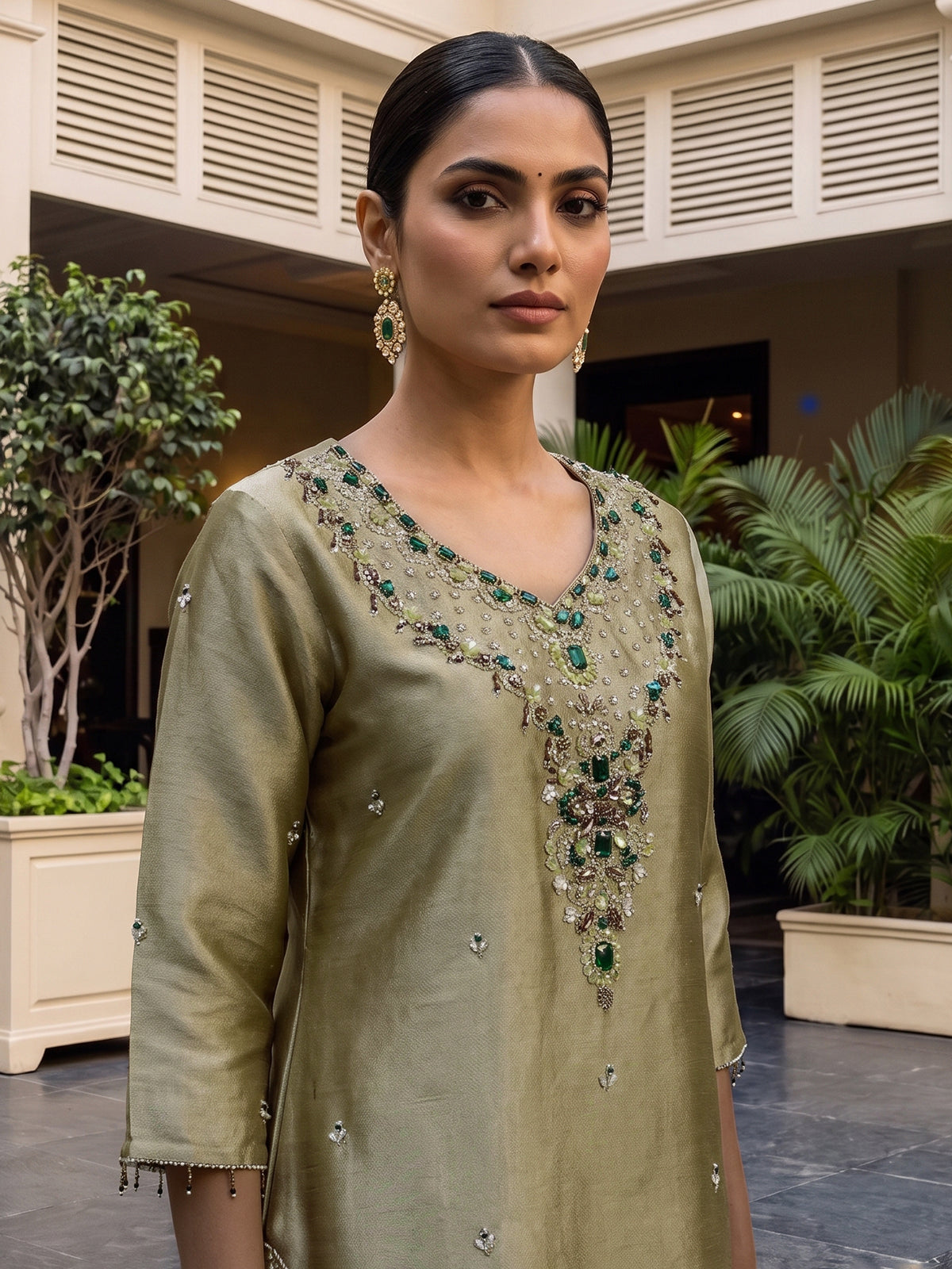 Pista green silk embellished palazzo set with zari dupatta