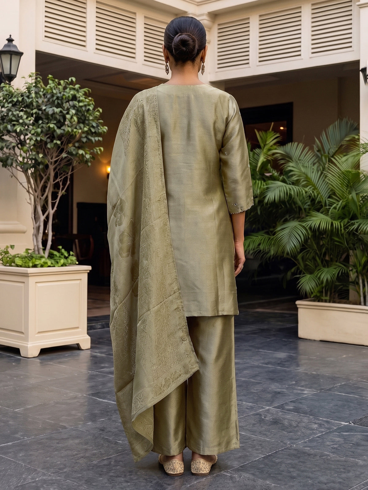 Pista green silk embellished palazzo set with zari dupatta