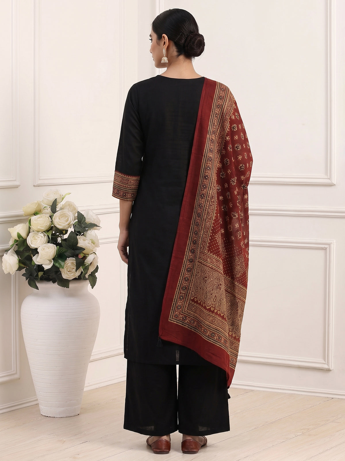 Black cotton printed palazzo set with mirror accents