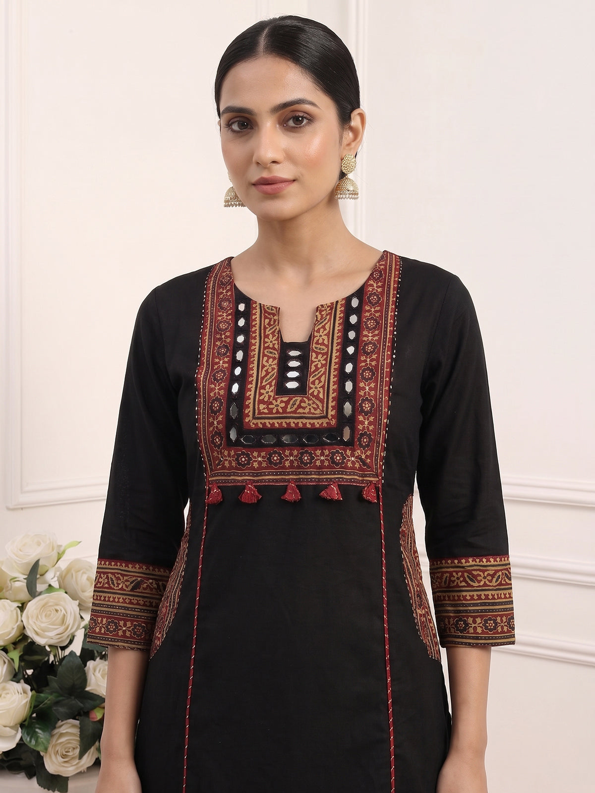 Black cotton printed palazzo set with mirror accents
