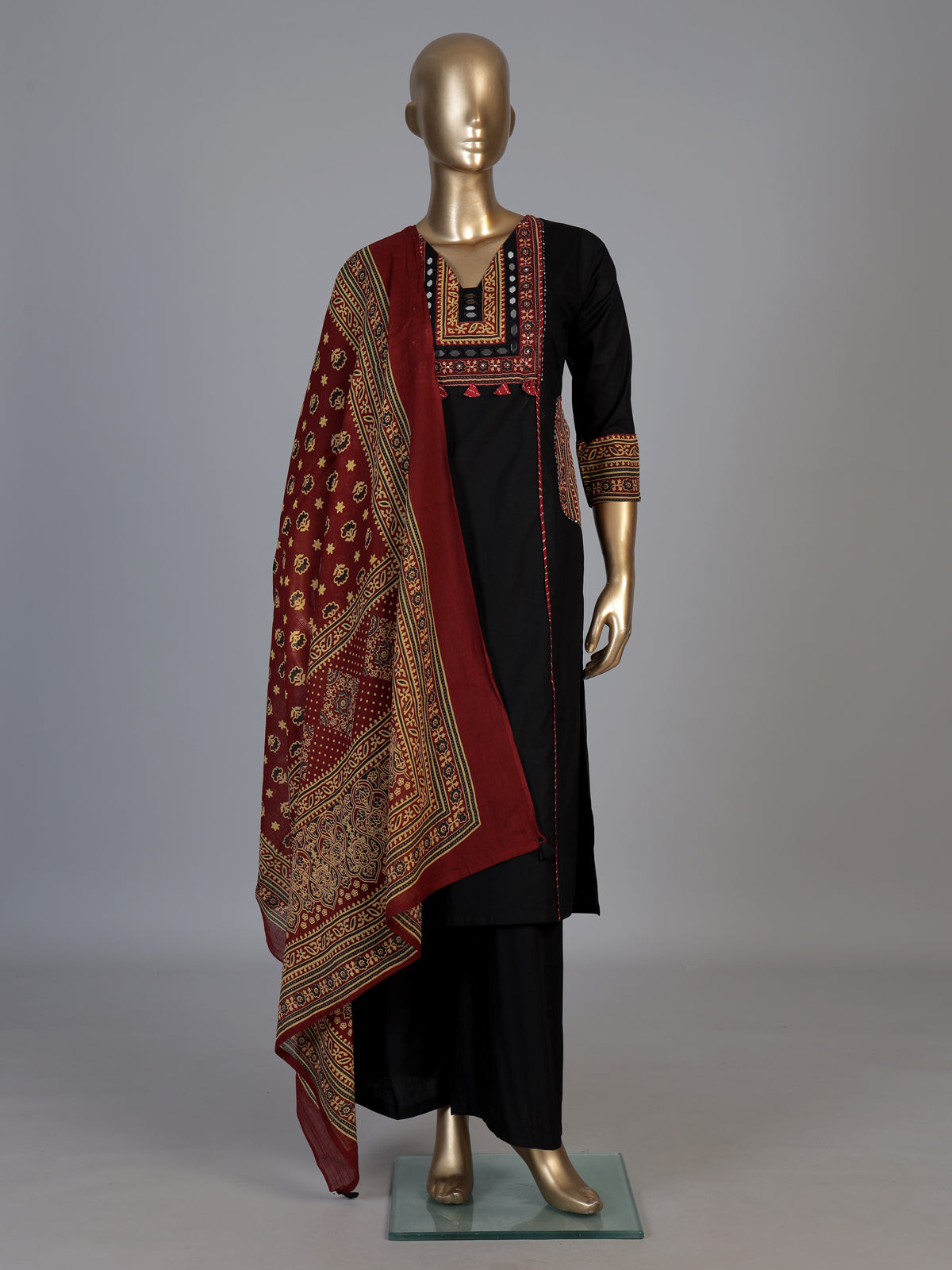 Black cotton printed palazzo set with mirror accents