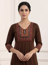 Brown cotton printed palazzo set with mirror detailing
