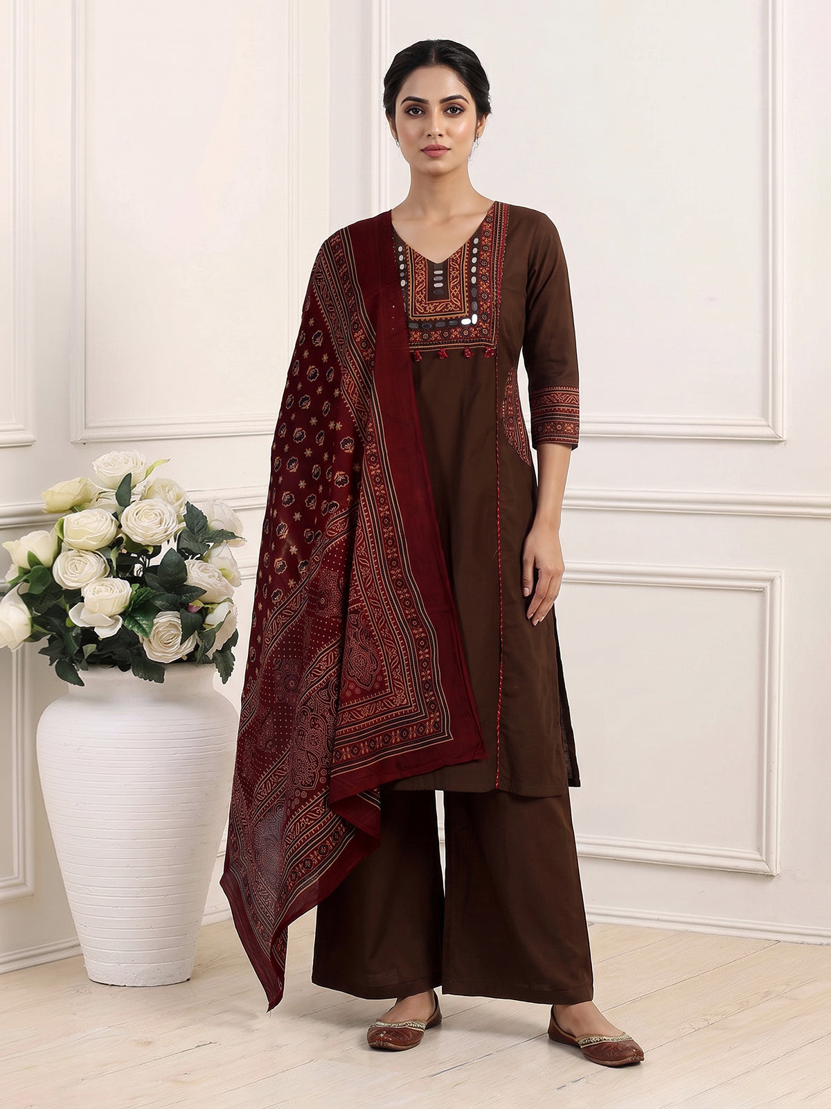 Brown cotton printed palazzo set with mirror detailing