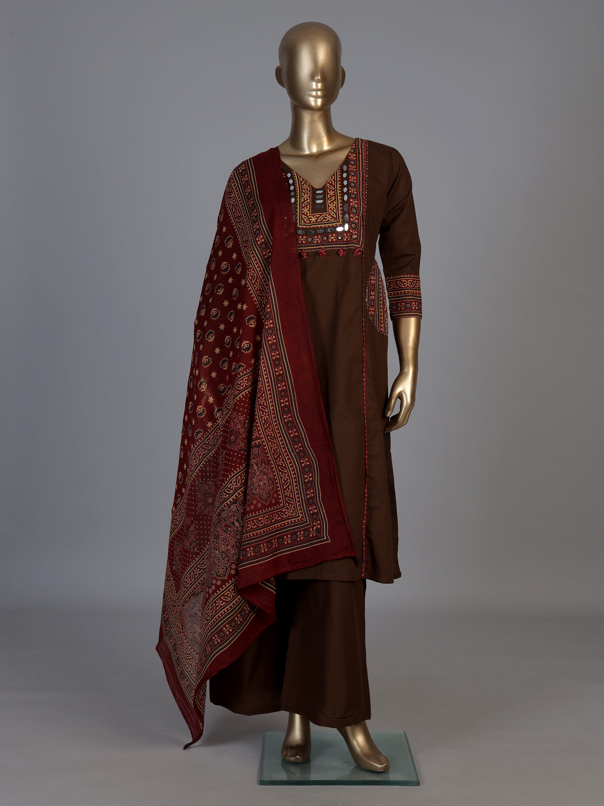 Brown cotton printed palazzo set with mirror detailing