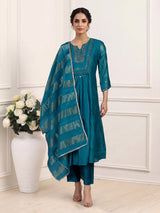 Teal blue tissue yoke kurti set with intricate festive detailing