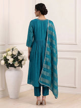 Teal blue tissue yoke kurti set with intricate festive detailing