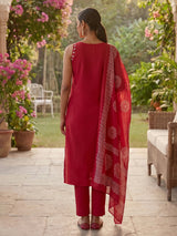 Rani pink cotton silk kurti set with printed dupatta