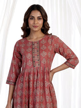 Brown muslin silk printed kurti set with aabla and pants