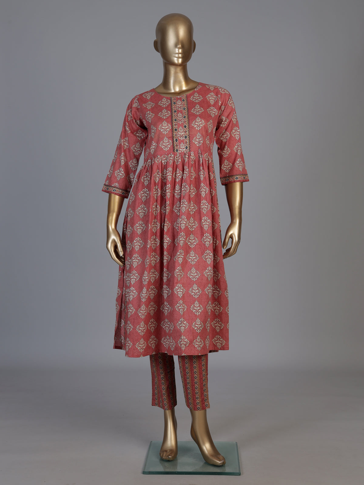 Brown muslin silk printed kurti set with aabla and pants