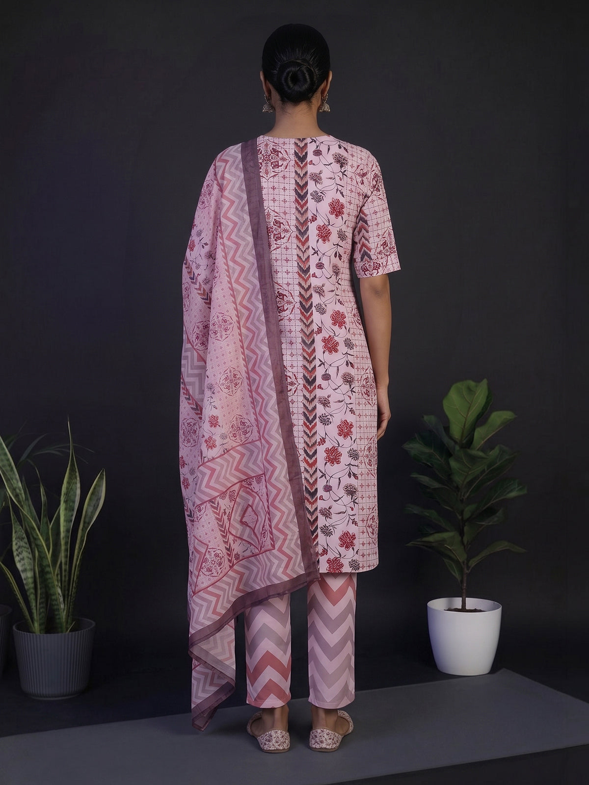 Pink silk printed yoke style kurti set with elegant dupatta