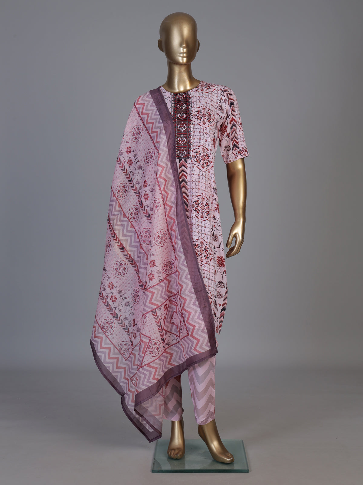 Pink silk printed yoke style kurti set with elegant dupatta