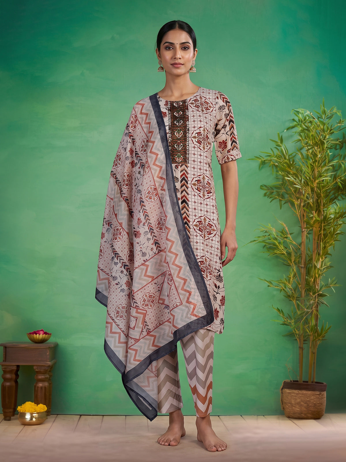 Beige silk printed yoke style kurti set with dupatta