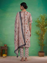 Beige silk printed yoke style kurti set with dupatta