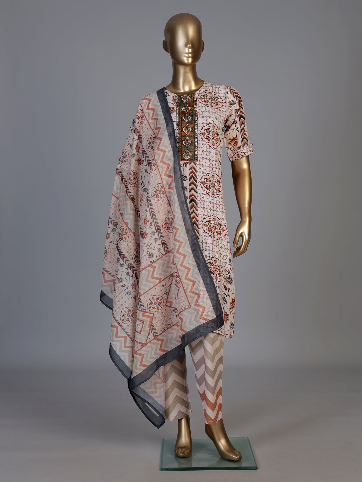 Beige silk printed yoke style kurti set with dupatta
