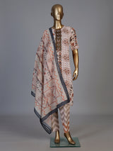 Beige silk printed yoke style kurti set with dupatta